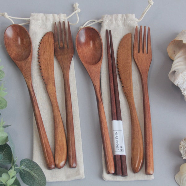 Eco Wooden Bamboo Cutlery Set Fork Spoon + Chopsticks Picnic Travel Enviromentally Friendly