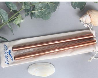 Large Rose Gold / Copper Straw  / Straws Set with Pouch & Cleaner, Steel, Travel Gift Reusable Eco Friendly