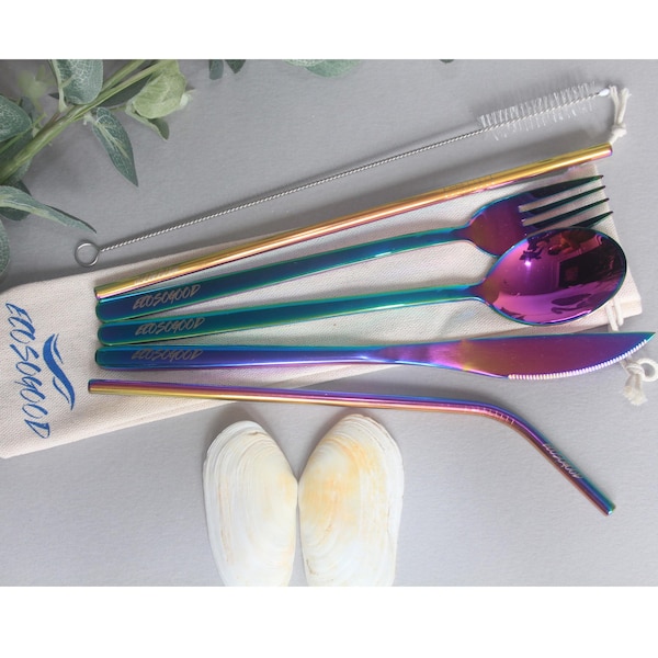 レインボースチールエコカトラリーセット + メタルストロー2本 + ポーチ、再利用可能な旅行ギフト、虹色のフォークとスプーンランチ