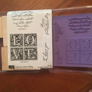 ¡El amor es una gran cosa boda San Valentín aniversario Estampando! RETIRED: Unmounted "Love is a Great Thing" set of 4 Rubber Stamps