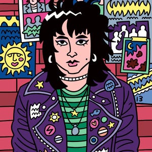 May include: A pop art illustration of a person with black hair wearing a purple jacket adorned with pins and patches. The person is wearing a green and white striped shirt and multiple necklaces. The background features posters and a brick wall.