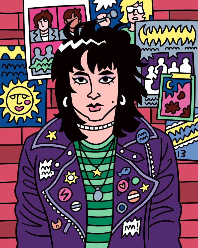 May include: A pop art illustration of a person with black hair wearing a purple jacket adorned with pins and patches. The person is wearing a green and white striped shirt and multiple necklaces. The background features posters and a brick wall.