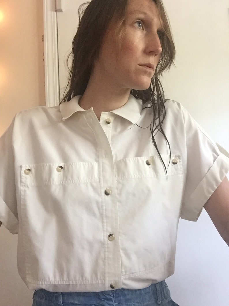 Neutral Blouse Vintage Cotton Blouse Safari Blouse Off White Blouse Large Pockets Vintage Blouse Tortoise Buttons