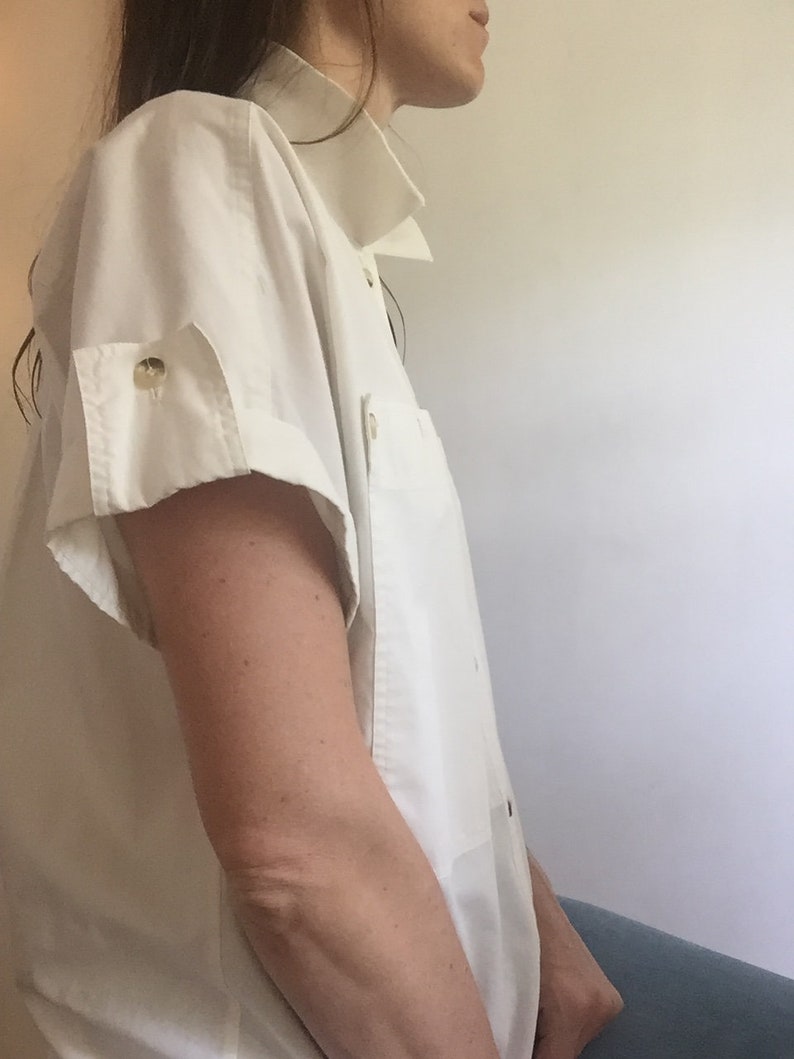 Neutral Blouse Vintage Cotton Blouse Safari Blouse Off White Blouse Large Pockets Vintage Blouse Tortoise Buttons