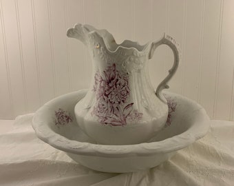 Vintage decorative Water Pitcher and Wash Bowl Basin Raised open rose green leaves and branch Scalloped edges with God Bless Our Home