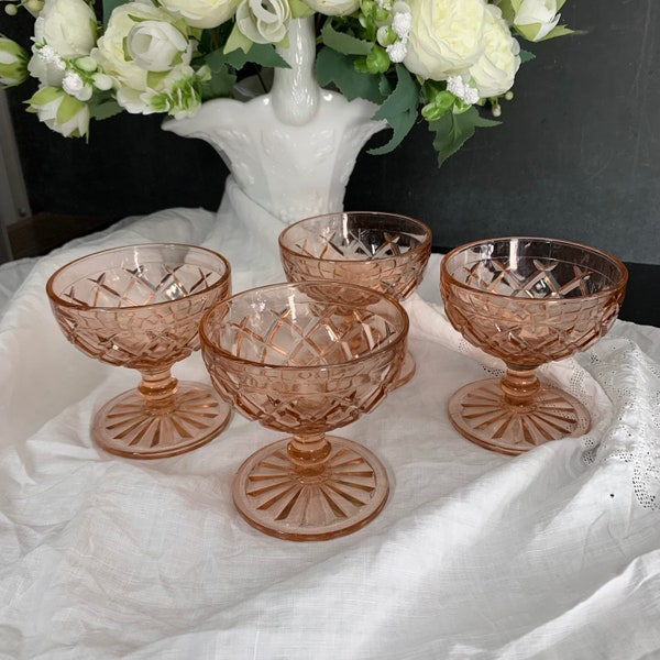 Hocking Glass Co. Waterford Waffle Set of 4 Tall Sherbets Pink Depression Glass Champagne Glasses