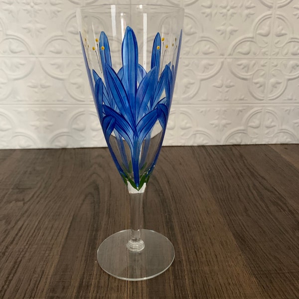 Mid Century West Virginia Glass Hand Painted Blue Flower Wine Goblet Champagne Flute