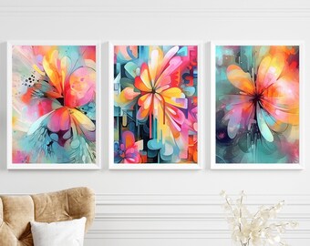 Floral Art Prints Set of 3, Printable Gallery Wall Art, Home Decor Gift, Eclectic Flower Art, Modern Wall Art Prints, Housewarming Present