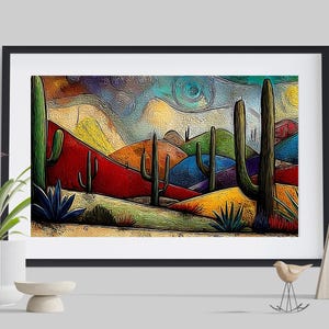 Arte mural de cactus saguaro. Decoración de pared con paisaje del desierto de Arizona. Lámina artística del desierto de Arizona y Nuevo México. Decoración del suroeste. Idea de regalo artístico.
