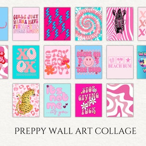 Preppy Wall Art Collage, Preppy Room Decor Pink and Blue, Preppy Wall Art Set of 16 Prints, Preppy Wall Art For Teens, Preppy Bedroom Poster