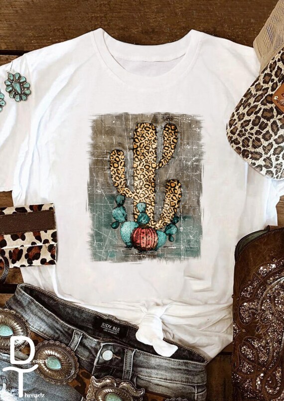 Leopard Cactus Shirt Cowgirl Boho 