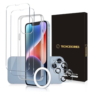May include: A clear phone case, screen protectors, and camera lens protectors are displayed with a light blue smartphone. The phone case is transparent, allowing the phone's color to show through. The packaging box has the text "TECHCESORIES".
