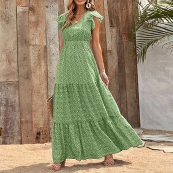 Womens floral maxi dress v neck tiered Bohemian dress for summer short  ruffled sleeve tall length