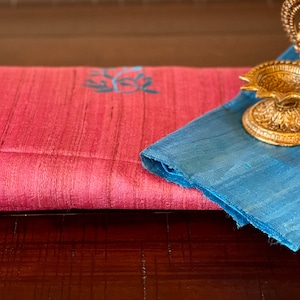 Tussar/Kosa Silk Embroidered Saree in Onion Pink and blue