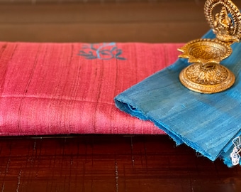 Tussar/Kosa Silk Embroidered Saree in Onion Pink and blue