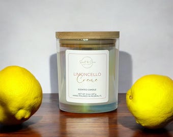 Vela de soja con aroma a crema de limoncello / Regalo de lujo para el hogar / Vela de aromaterapia relajante con tapa de bambú / Mecha de madera