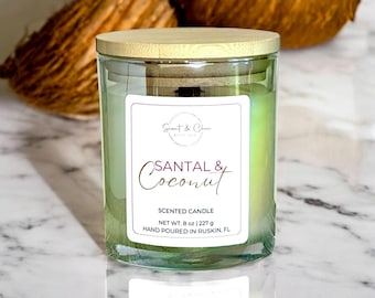 Vela aromática de sándalo y coco / Regalo de lujo para el hogar / Vela de aromaterapia relajante con tapa de bambú / Mecha de madera