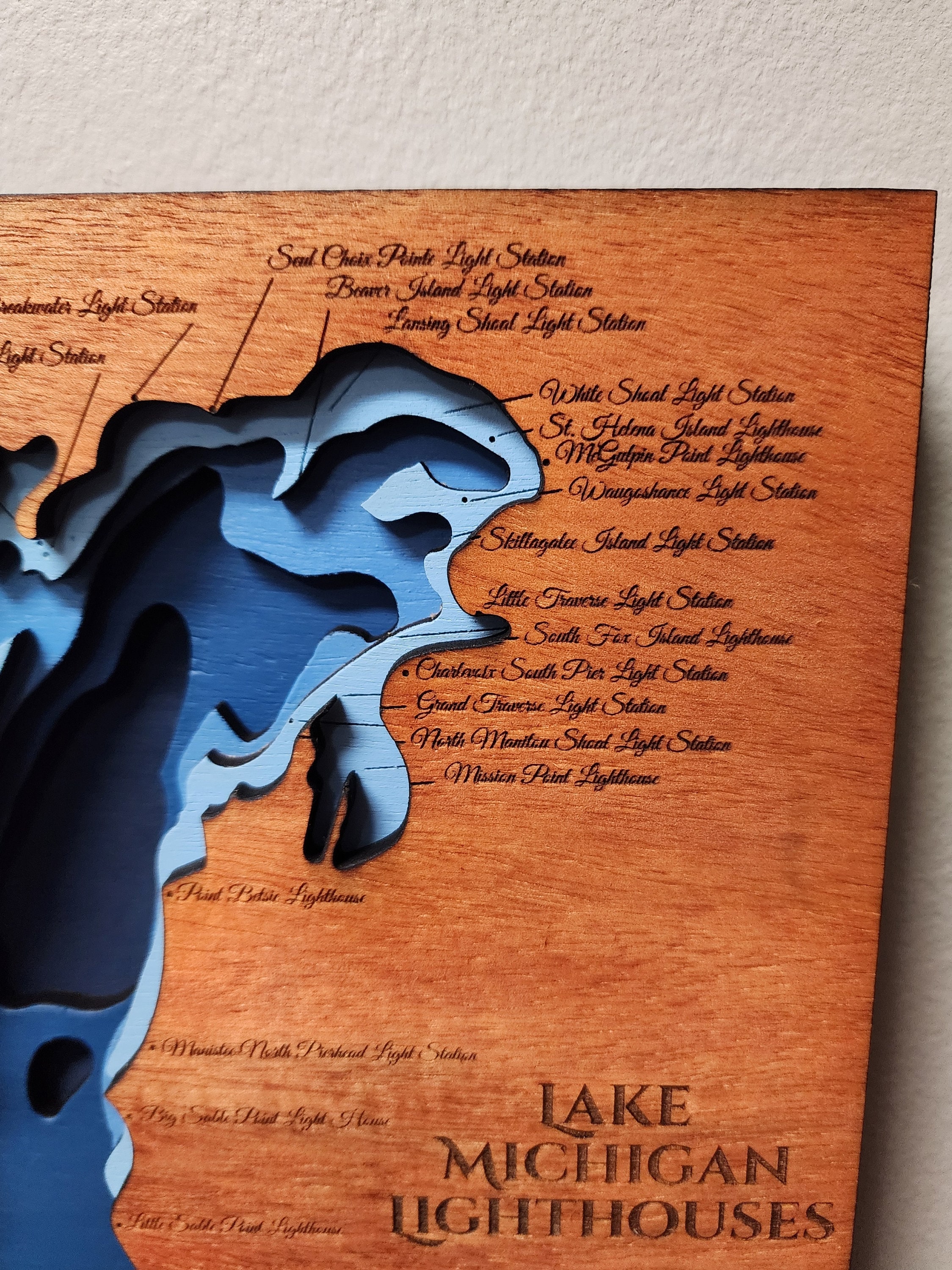 Lake Michigan Depth Map With Lighthouses Etsy