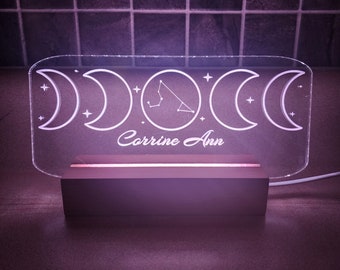 LED name sign, light up with astrological sign in full moon. Moon phases