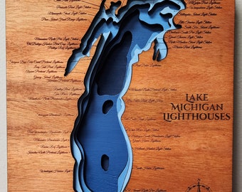 Lake Michigan depth map with lighthouses