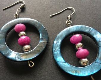 Blue hoop earrings, pink jade earrings, recycled earrings, reclaimed vintage beads, original, unique, one off earrings, less waste