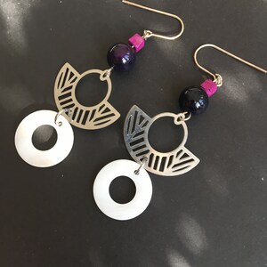Art deco earrings, silver earrings, purple earrings, white and purple, stylish earrings