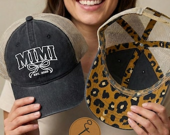 Personalized Mimi Embroidered Hat Coquette Bow Mimi Est Year Hat Custom Grandma Hat Mimi Mesh-Back Cap Gift for New Grandma Mothers Day Gift