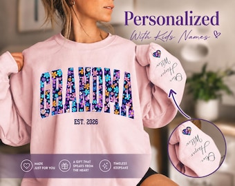 Personalized Sweatshirt Floral wildflower Grandma Shirt With Kids Names On Sleeve, Custom Grandma Gift For Mothers Day Est 2025 Sweatshirt