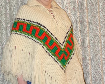American hand knit 100% wool, tribal pattern poncho