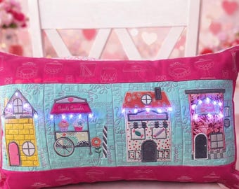 Kimberbell Sweetheart Candy Shop Pillow with Fairy Lights, Valentine Decor Pillow, Machine Embroidered Candy Village Cushion