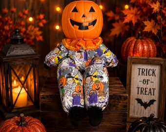Halloween Pumpkin Man Doll, Vintage Fabric, Shelf Sitter, Candy Bucket Decoration, Whimsical, Vintage Inspired, Farmhouse