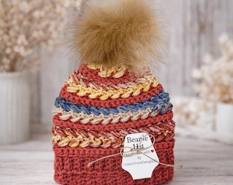 Handmade Crochet Beanie, Solid Coral and Colorful Stripes, Winter Hat, Crochet Hat, Adult & Kids Winter Beanie