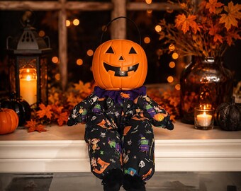 Halloween Pumpkin Man Doll, Vintage Fabric, Shelf Sitter, Candy Bucket Decoration, Whimsical, Vintage Inspired, Farmhouse