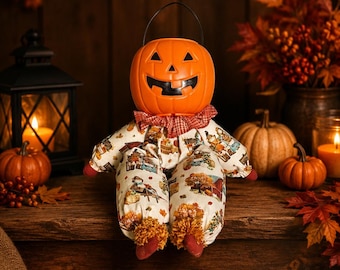 Halloween Pumpkin Man Doll, Shelf Sitter, Candy Bucket Decoration, Whimsical, Vintage Inspired, Farmhouse