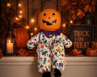 Halloween Pumpkin Man Doll, Vintage Fabric, Shelf Sitter, Candy Bucket Decoration, Whimsical, Vintage Inspired, Farmhouse