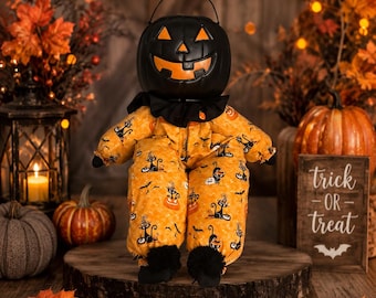 Glow-in-the-Dark Halloween Pumpkin Man Doll, Candy Bucket Decoration