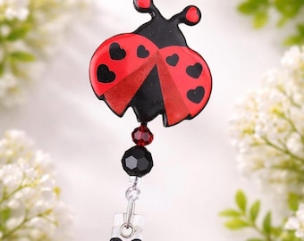 Ladybug Badge Reel: Glitter Resin Swivel Clip, ID Holder, Handmade
