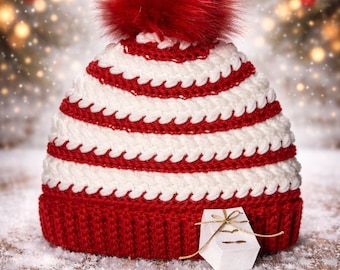Handmade Crochet Beanie, Candy Cane Stripped, Winter Hat, Christmas Crochet Hat, Adult & Kids Holiday Beanie
