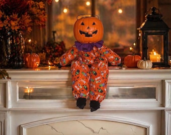 Halloween Pumpkin Man Doll, Shelf Sitter, Candy Bucket Decoration, Whimsical, Vintage Inspired, Farmhouse