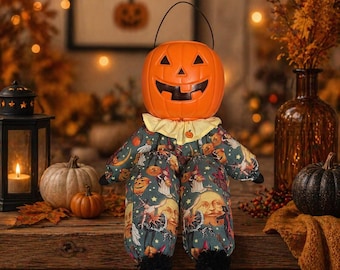 Halloween Pumpkin Man Doll, Shelf Sitter, Candy Bucket Decoration, Whimsical, Vintage Inspired, Farmhouse