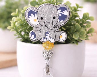 Elephant Badge Reel: Glitter Resin ID Holder, Alligator Clip
