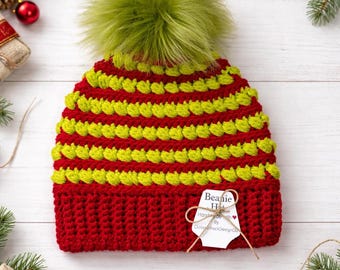 Handmade Crochet Beanie, Grinch Inspired, Lime Green and Red Beanie, Winter Hat, Crochet Hat, Unisex, Adult & Kids Holiday Beanie