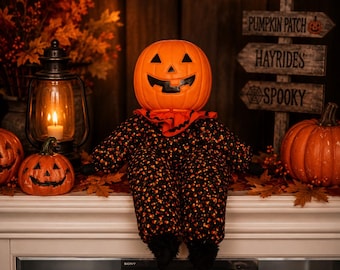 Halloween Pumpkin Man Doll, Shelf Sitter,  Candy Corn Decor, Whimsical, Vintage Inspired
