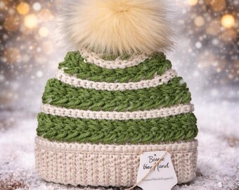 Handmade Crochet Beanie, Sage Green and Cream Striped, Winter Hat, Unisex, Crochet Hat, Adult & Kids Winter Beanie
