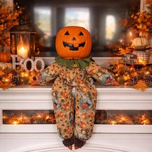 Halloween Pumpkin Man Doll, Shelf Sitter, Fall Decor with Candy Bucket, Whimsical, Vintage Inspired, Farmhouse