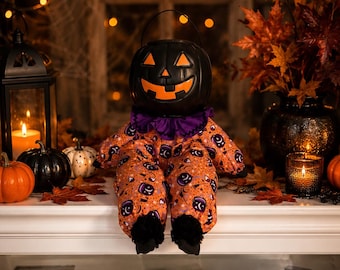 Halloween Pumpkin Man Doll, Vintage Fabric, Shelf Sitter, Candy Bucket Decoration, Whimsical, Vintage Inspired, Farmhouse