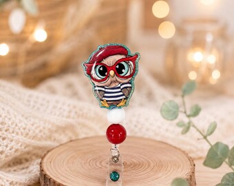 Owl Badge Reel: Handmade Glitter Resin Swivel Clip
