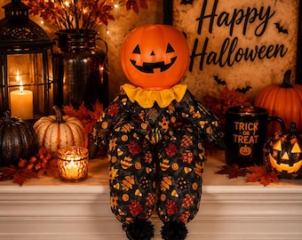 Halloween Pumpkin Man Doll, Shelf Sitter, Candy Bucket Decoration, Whimsical, Vintage Inspired, Farmhouse