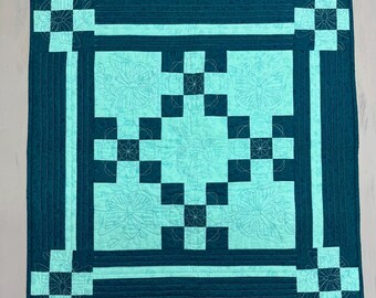 Teal Aqua Patchwork Quilted Wall Hanging, 28"x28" Decorative Art
