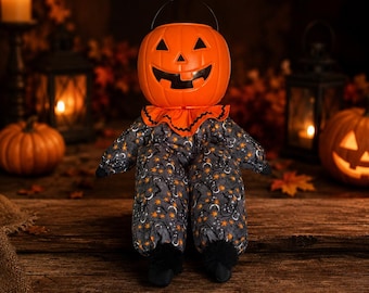 Halloween Pumpkin Man Doll, Shelf Sitter, Candy Bucket Decoration, Whimsical, Vintage Inspired, Farmhouse